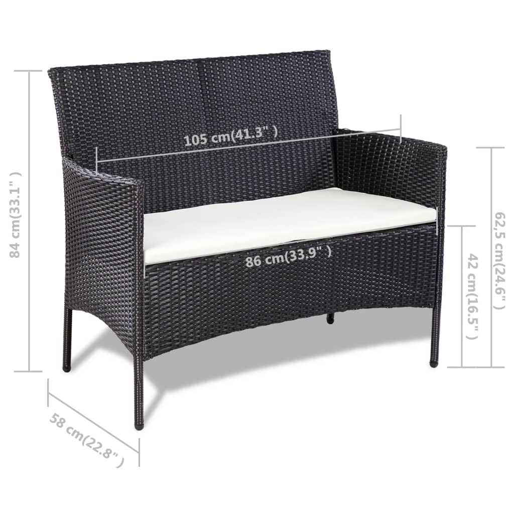 4 pcs conjunto lounge de jardim c/ almofadões vime PE preto - Image 9