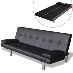 Sofa-cama ajustável com 2 almofadas couro artificial preto