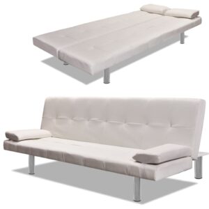 Sofá-cama ajustável c/ 2 almofadas couro artificial branco nata