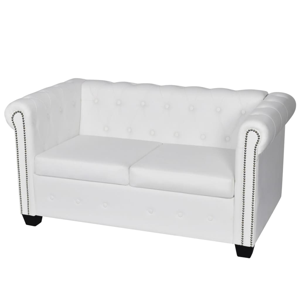 Conjunto sofás Chesterfield 2 + 3 lugares couro artific. branco - Image 5