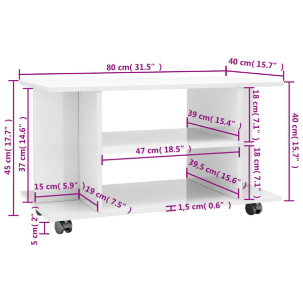 Móvel de TV com rodas 80x40x45cm deriv.madeira branco brilhante - Image 5