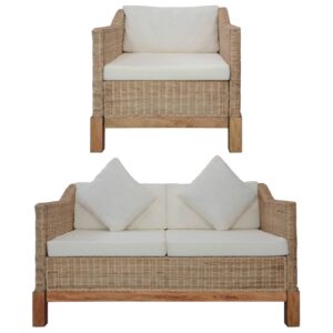 2 pcs conjunto de sofás com almofadões vime natural