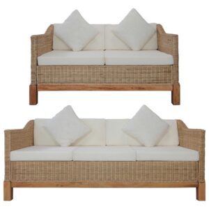 2 pcs conjunto de sofás com almofadões vime natural
