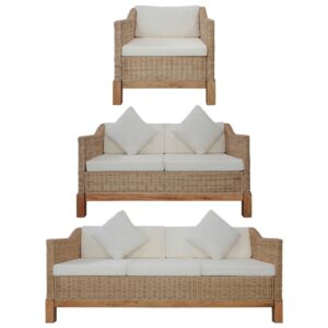 3 pcs conjunto de sofás com almofadões vime natural