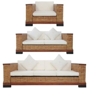 3 pcs conjunto de sofás com almofadões vime natural castanho