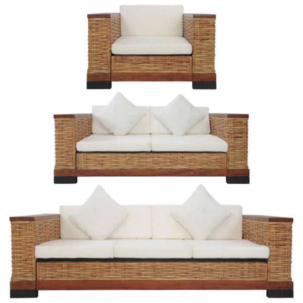 3 pcs conjunto de sofás com almofadões vime natural castanho