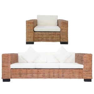 2 pcs conjunto de sofás com almofadões vime natural