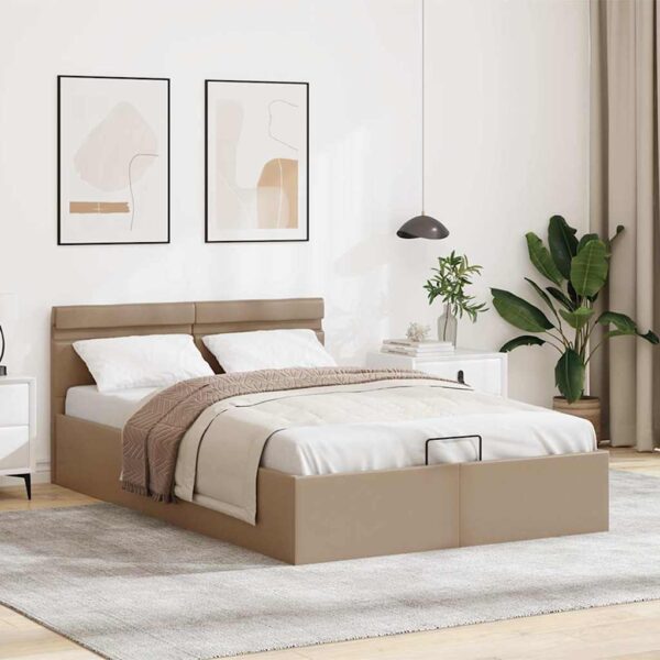 Cama hidrául. arrumação e LED 140x200cm couro artif. cappuccino - Image 3