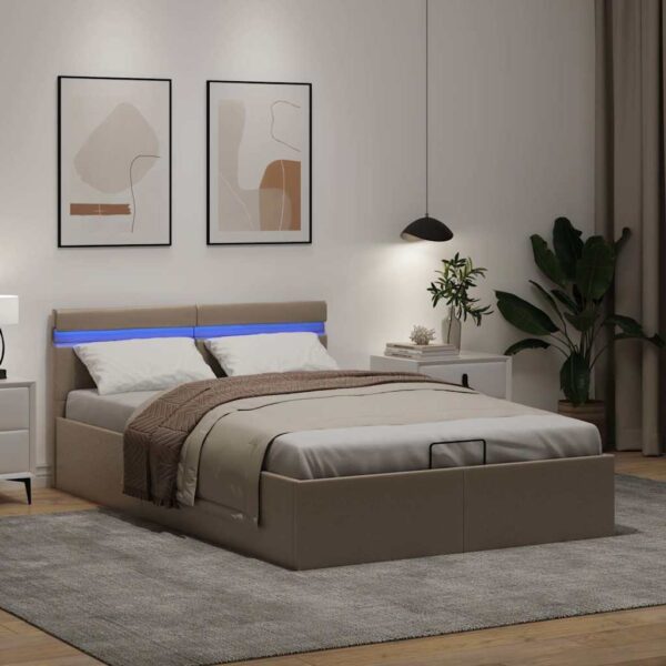Cama hidrául. arrumação e LED 140x200cm couro artif. cappuccino - Image 4