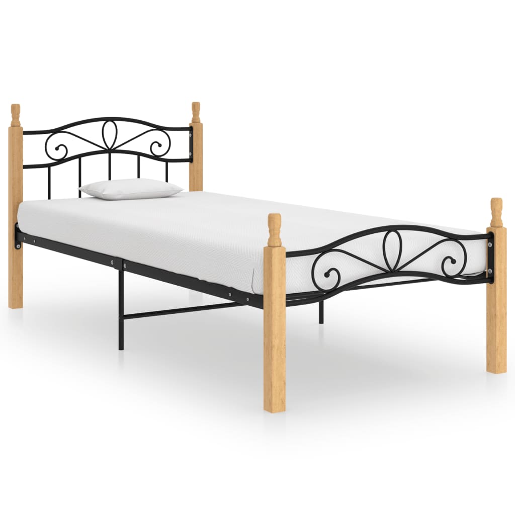 Estrutura de cama 100x200cm metal/madeira carvalho maciça preto