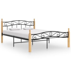 Estrutura de cama 140x200cm metal/madeira carvalho maciça preto