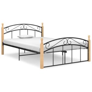 Estrutura de cama 140x200cm metal/madeira carvalho maciça preto
