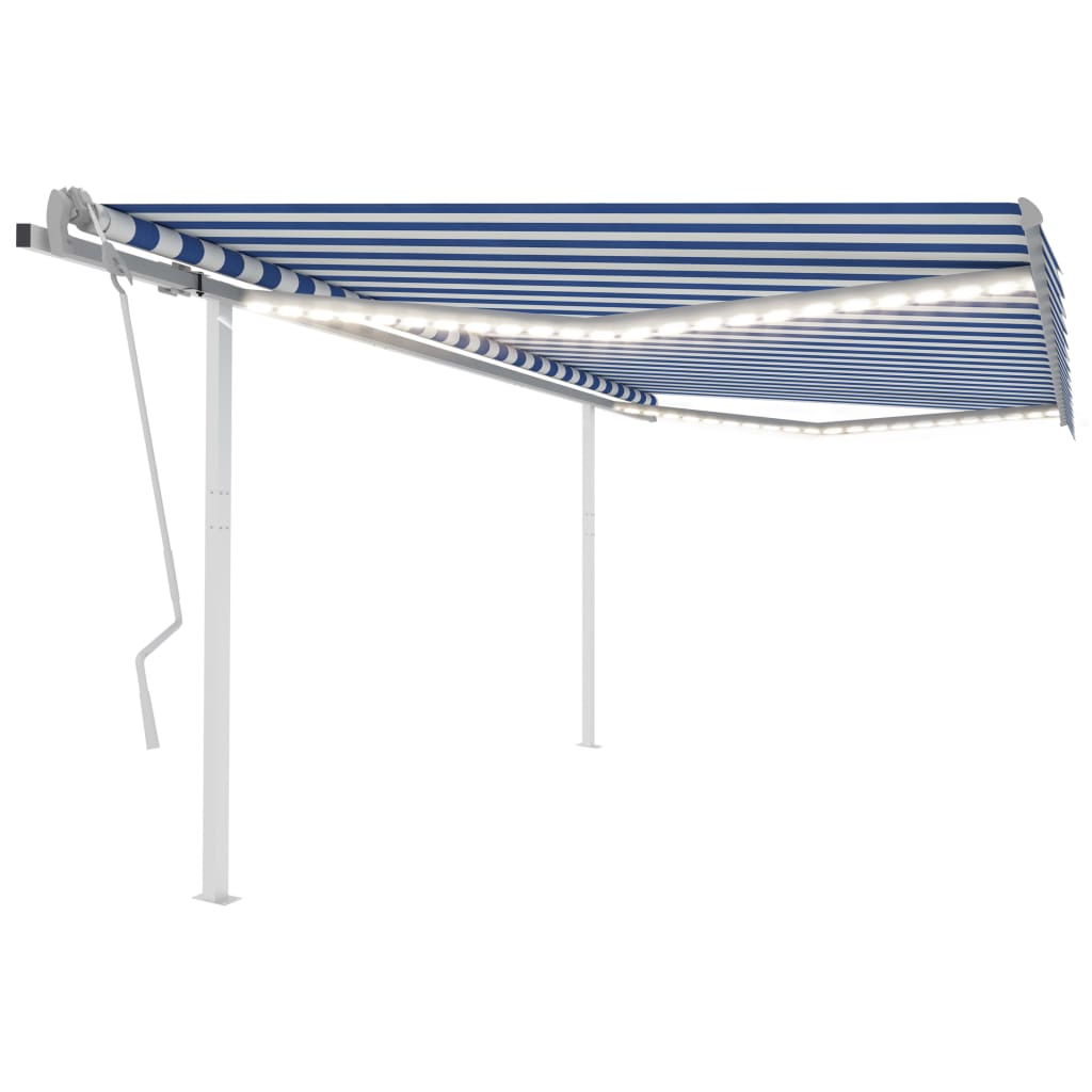 Toldo retrátil manual com luzes LED 4,5x3,5 m azul e branco