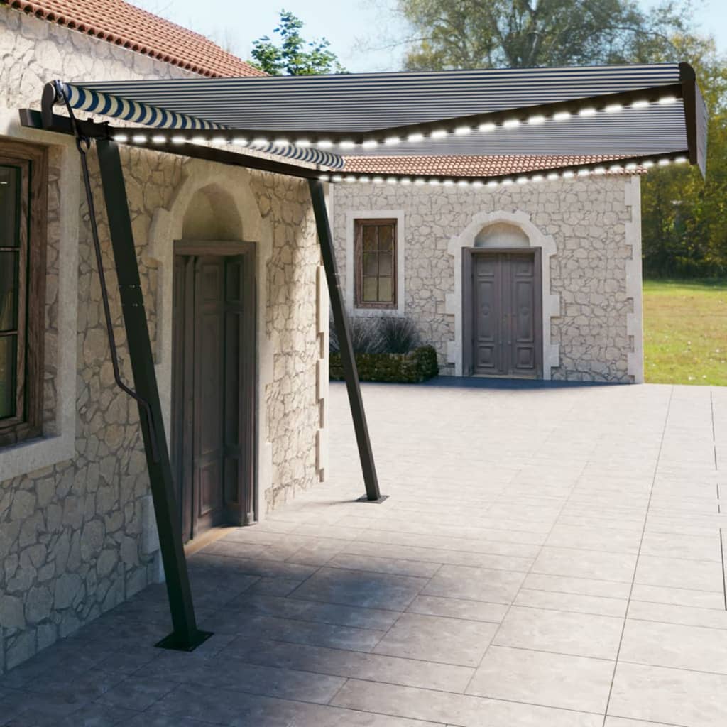 Toldo retrátil manual com luzes LED 4x3 m azul e branco