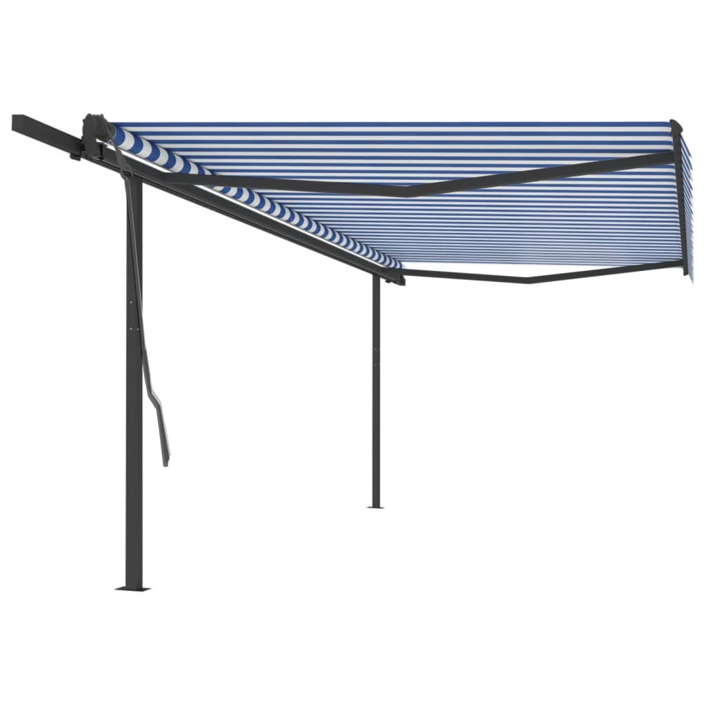 Toldo retrátil manual com postes 5x3 m azul e branco