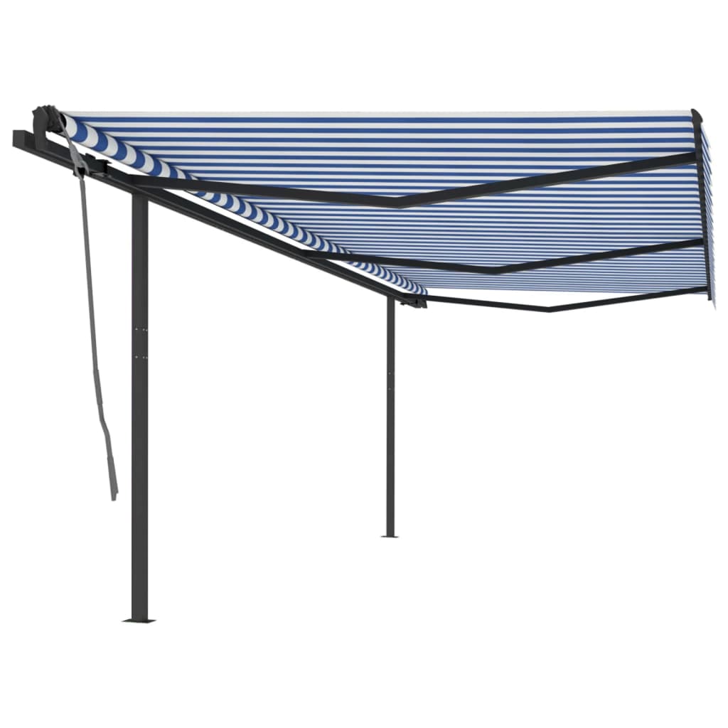 Toldo retrátil manual com postes 6x3 m azul e branco