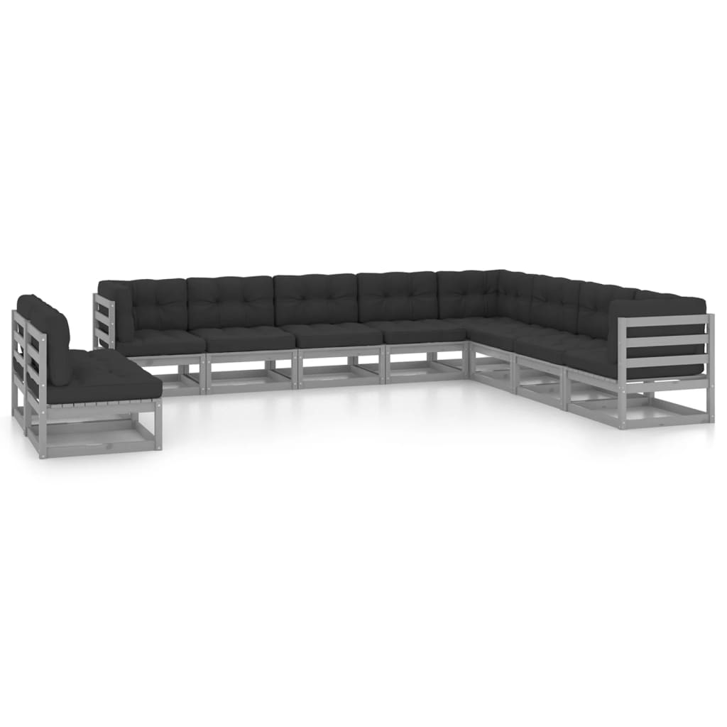 10pcs conjunto lounge de jardim + almofadões pinho maciço cinza