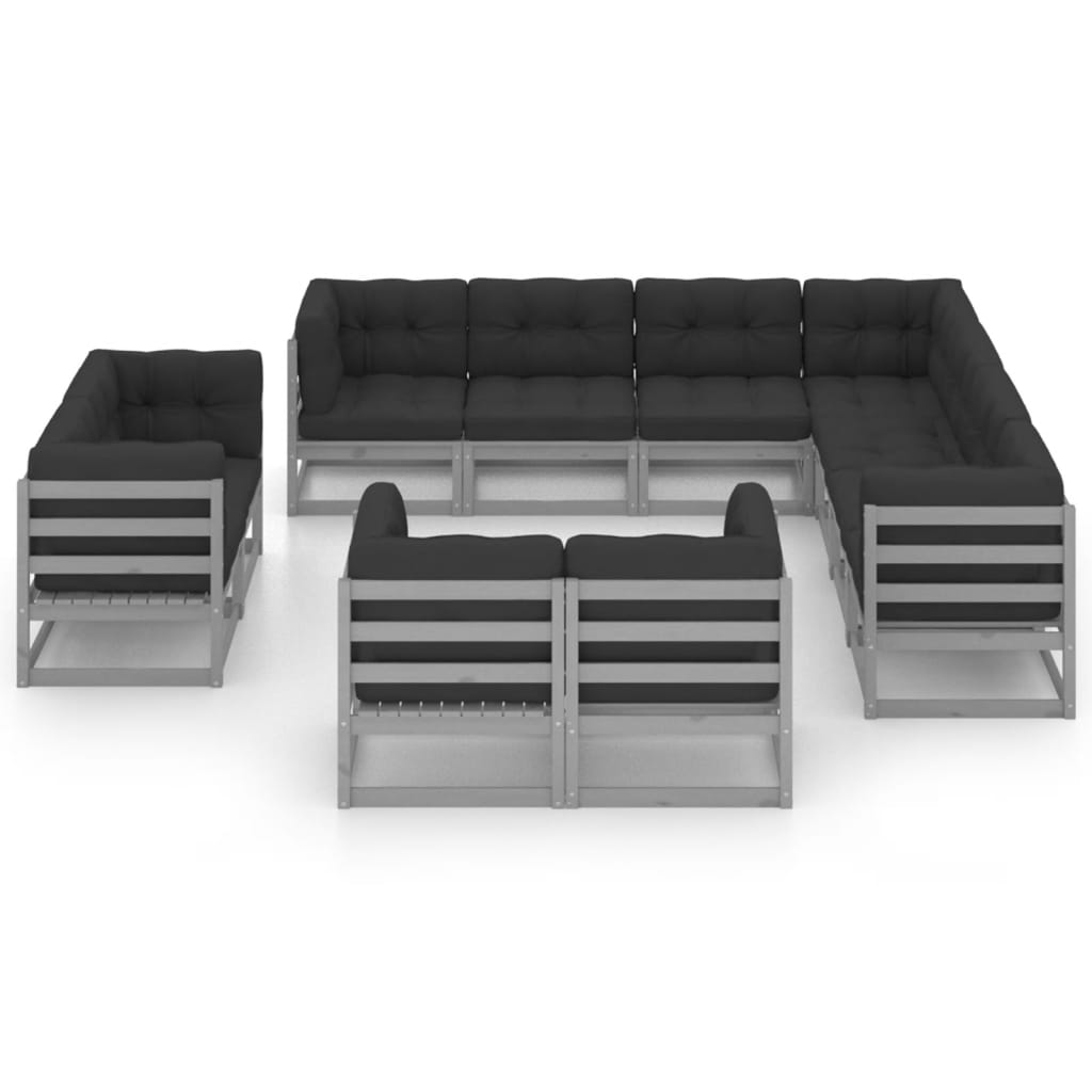 11 pcs conj. lounge de jardim + almofadões pinho maciço cinza - Image 2