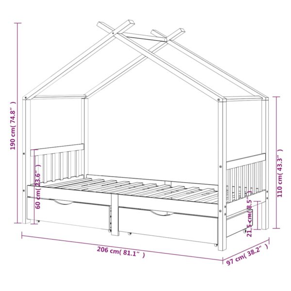 Estrutura cama criança c/ gavetas 90x200 cm pinho maciço branco - Image 6