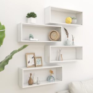 Prateleiras parede cúbicas 4 pcs deriv. madeira branco brilh.
