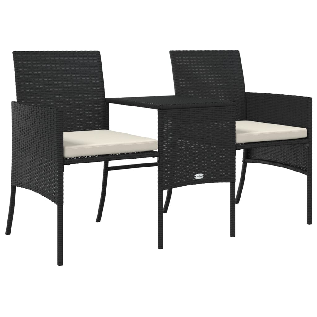 Sofá de jardim de 2 lugares com mesa e bancos vime PE preto - Image 4