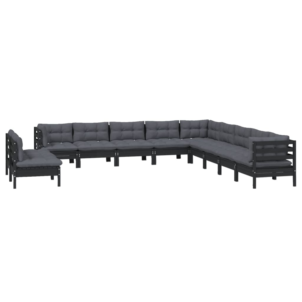 11 pcs conjunto lounge jardim c/ almofadões pinho maciço preto - Image 2