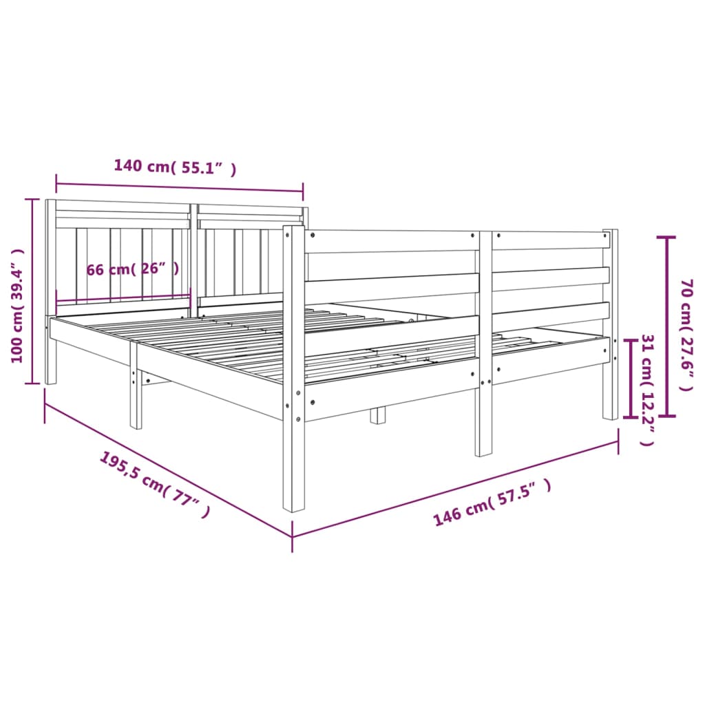 Estrutura de cama 140x190 cm madeira maciça cinzento - Image 6