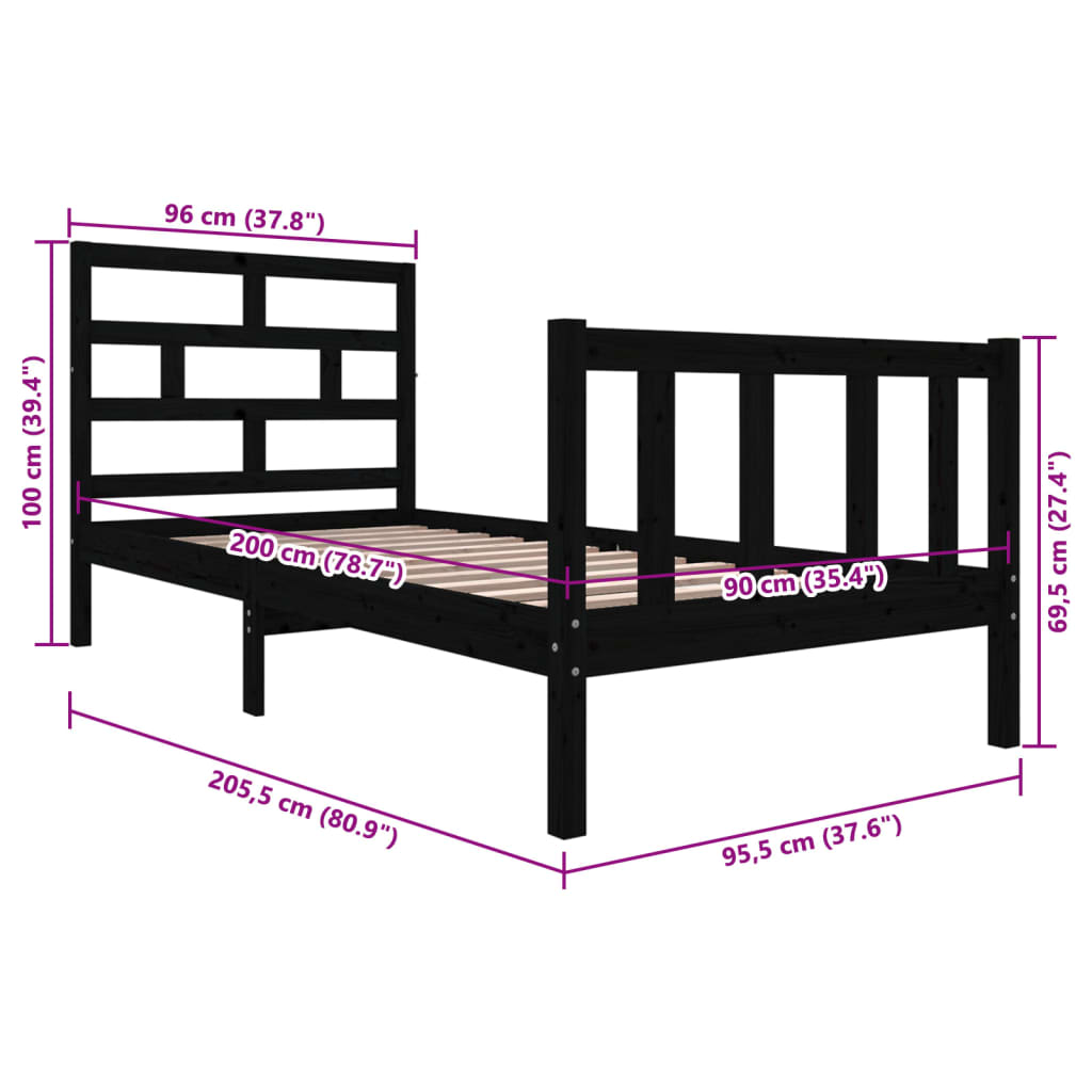 Estrutura de cama 90x200 cm madeira de pinho maciça preto - Image 8