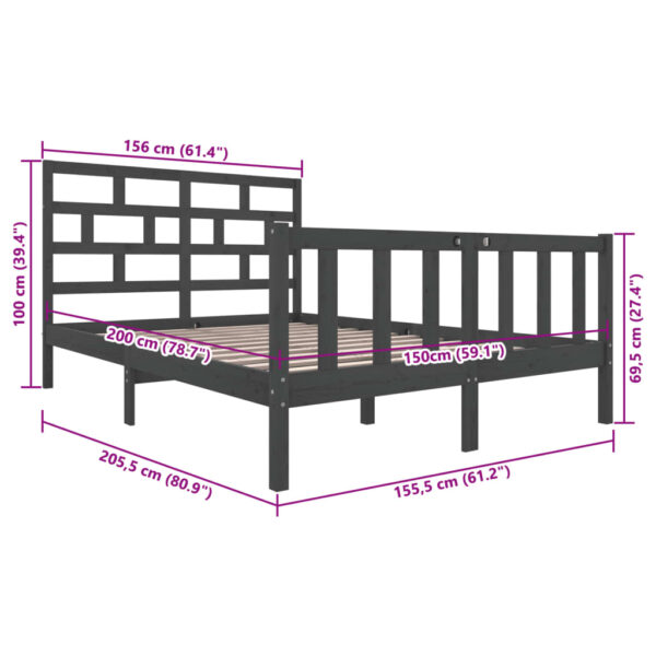 Estrutura de cama king 150x200 cm pinho maciço cinzento - Image 8