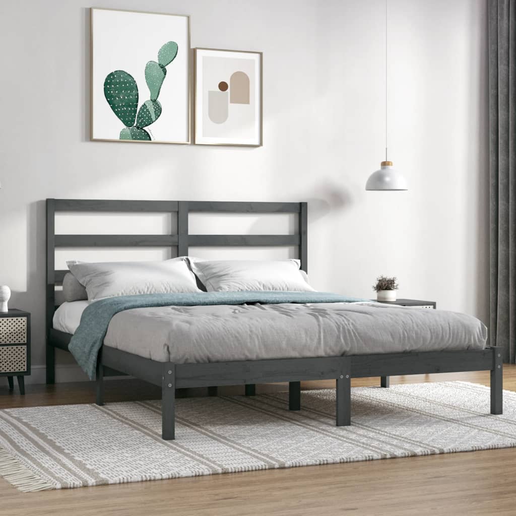 Estrutura de cama casal 135x190 cm madeira maciça cinzento