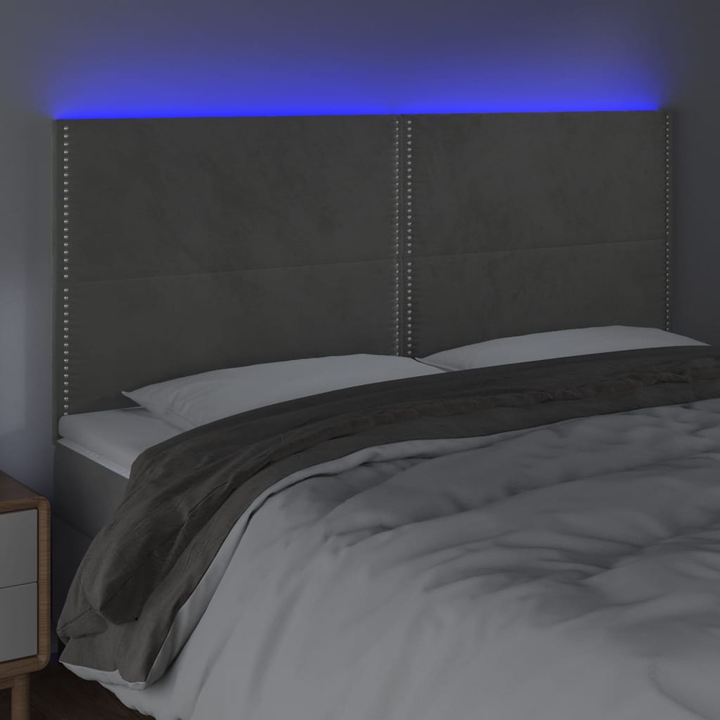 Cabeceira cama c/ luzes LED veludo 180x5x118/128cm cinza-claro - Image 2