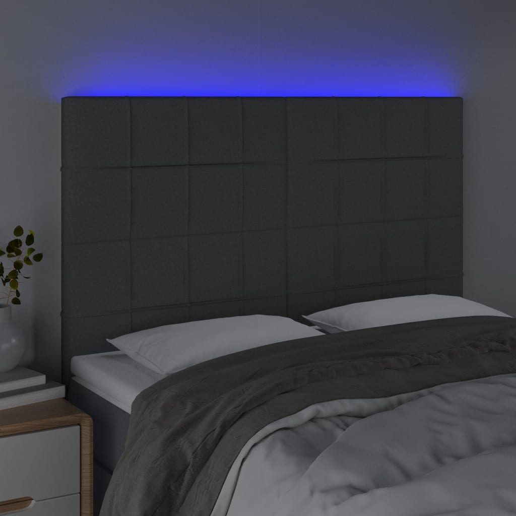Cabeceira de cama c/ LED tecido 144x5x118/128 cm cinza-escuro - Image 2