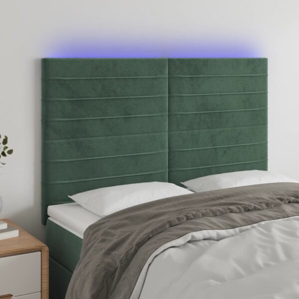 Cabeceira de cama c/ LED veludo 144x5x118/128 cm verde-escuro