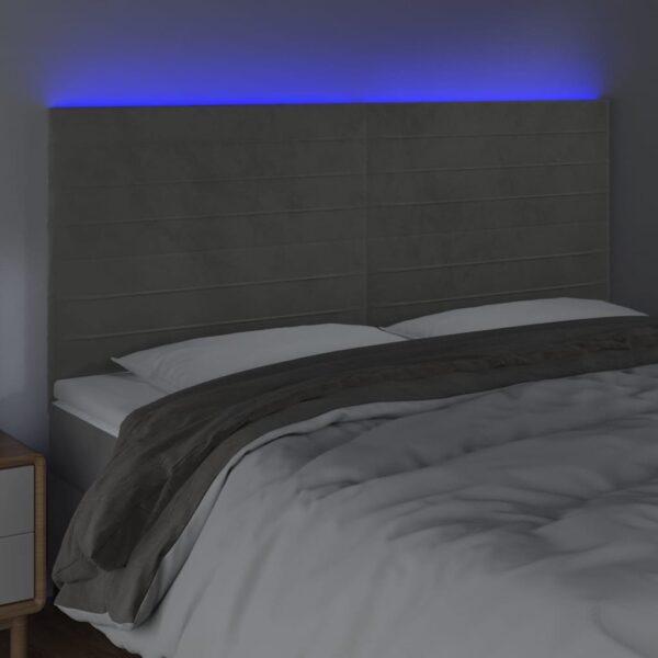 Cabeceira cama c/ luzes LED veludo 200x5x118/128cm cinza-claro - Image 2