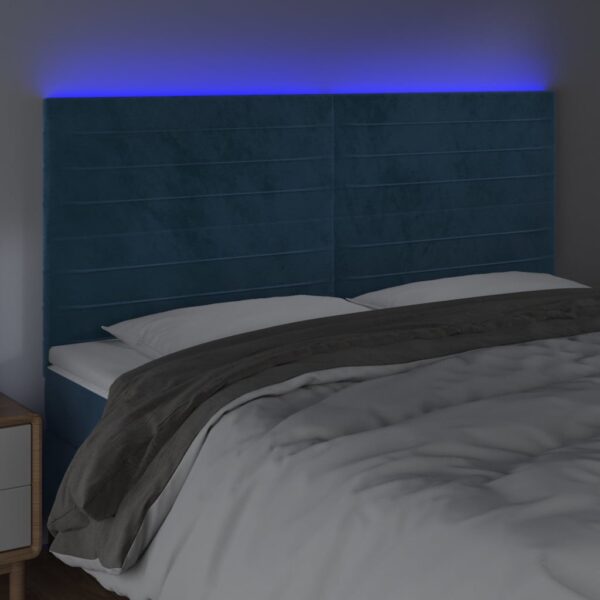 Cabeceira cama c/ luzes LED veludo 200x5x118/128cm azul-escuro - Image 2