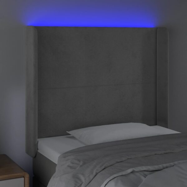 Cabeceira cama c/ luzes LED veludo 83x16x118/128 cm cinza-claro - Image 3