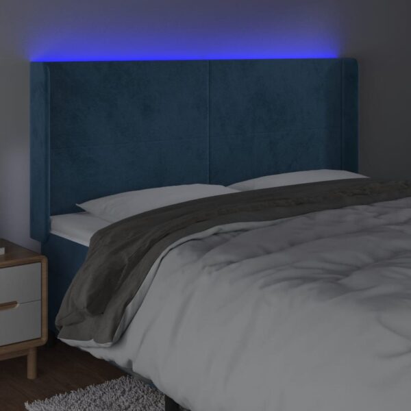 Cabeceira cama c/ luzes LED veludo 163x16x118/128cm azul-escuro - Image 3