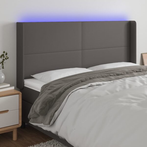 Cabeceira cama c/ LED couro artif. 183x16x118/128 cm cinzento