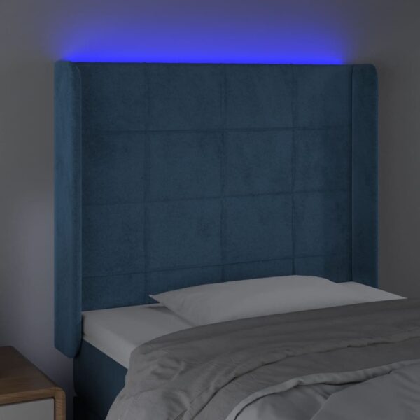 Cabeceira cama c/ luzes LED veludo 103x16x118/128cm azul-escuro - Image 3