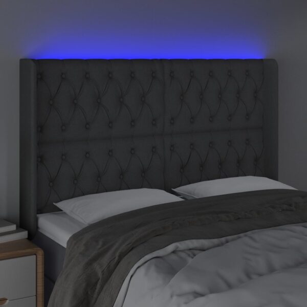 Cabeceira de cama c/ LED tecido 147x16x118/128 cm cinza-escuro - Image 3