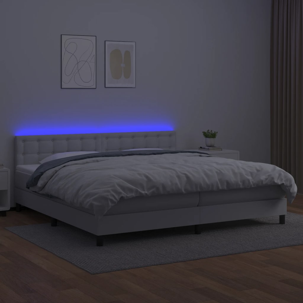Cama box spring c/colchão/LED 200x200cm couro artificial branco - Image 3