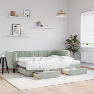Sofá-cama c/ gavetão e gavetas 80x200 cm veludo cinzento-claro