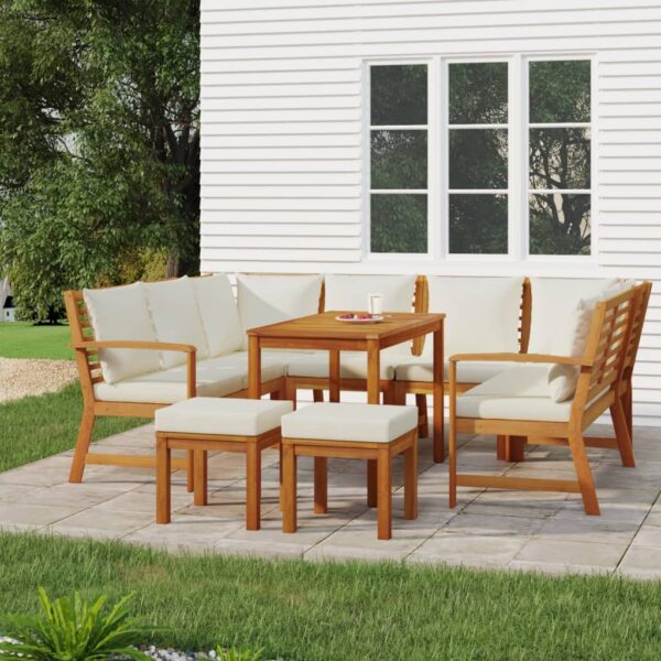 9 pcs conjunto de jantar p/ jardim c/ almofadões acácia maciça
