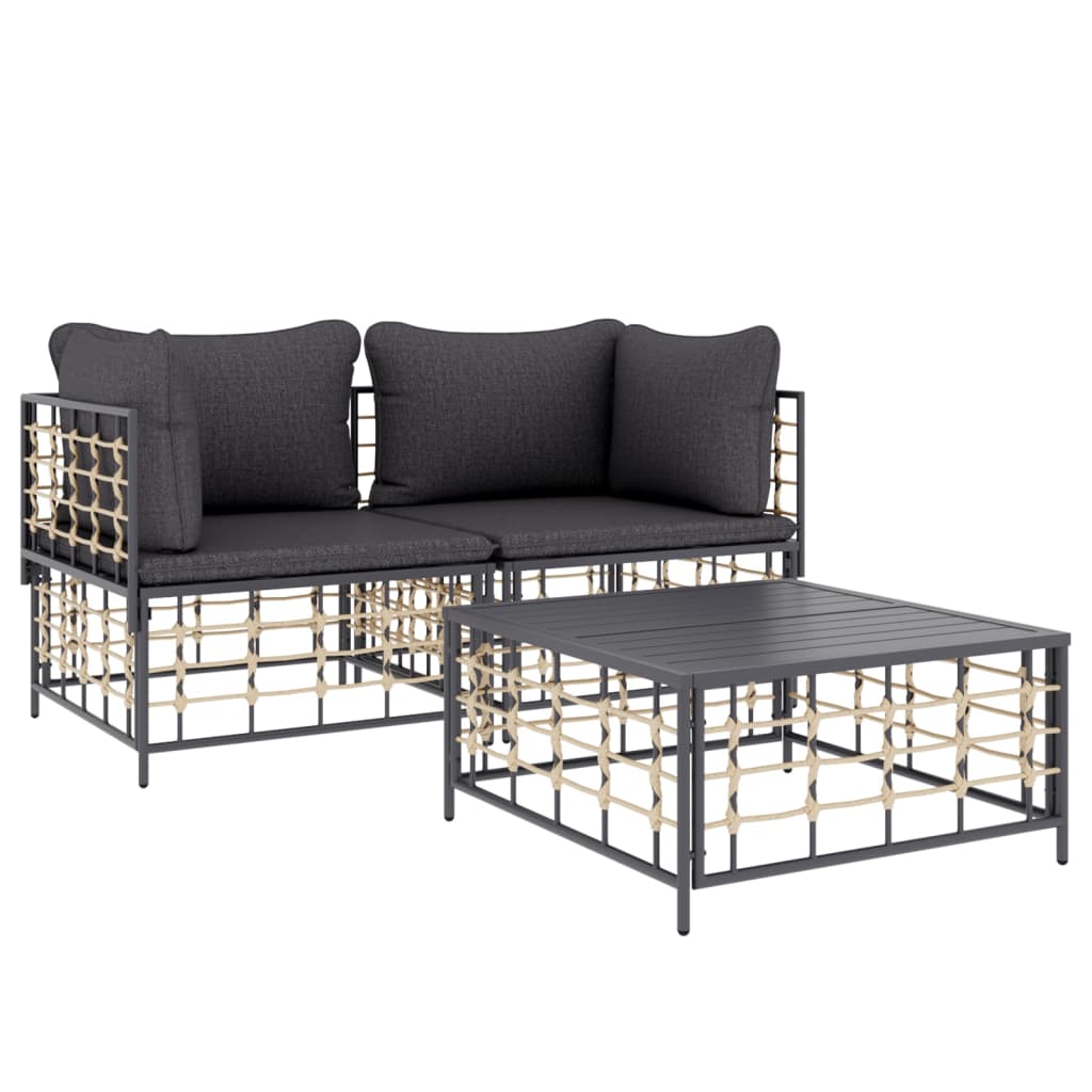 3 pcs conjunto lounge de jardim c/ almofadões vime PE antracite - Image 2