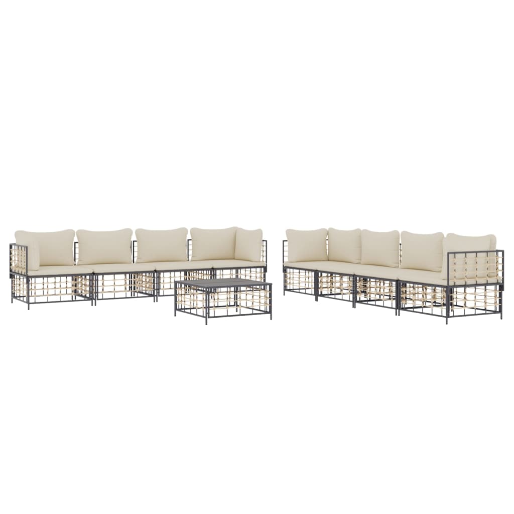9 pcs conjunto lounge de jardim c/ almofadões vime PE antracite - Image 2