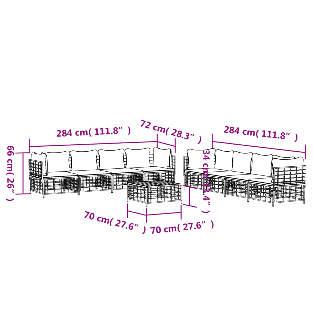 9 pcs conjunto lounge de jardim c/ almofadões vime PE antracite - Image 8
