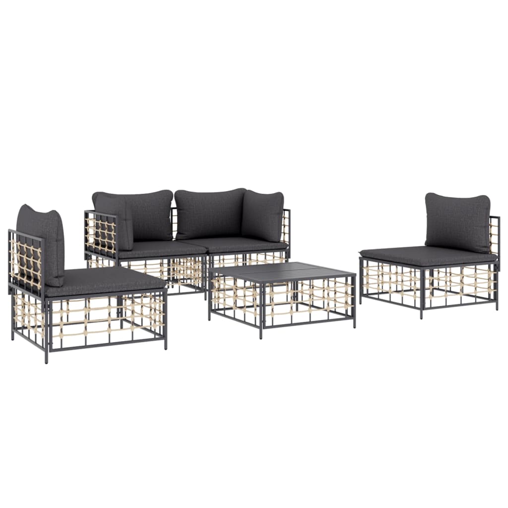 5 pcs conjunto lounge de jardim c/ almofadões vime PE antracite - Image 2
