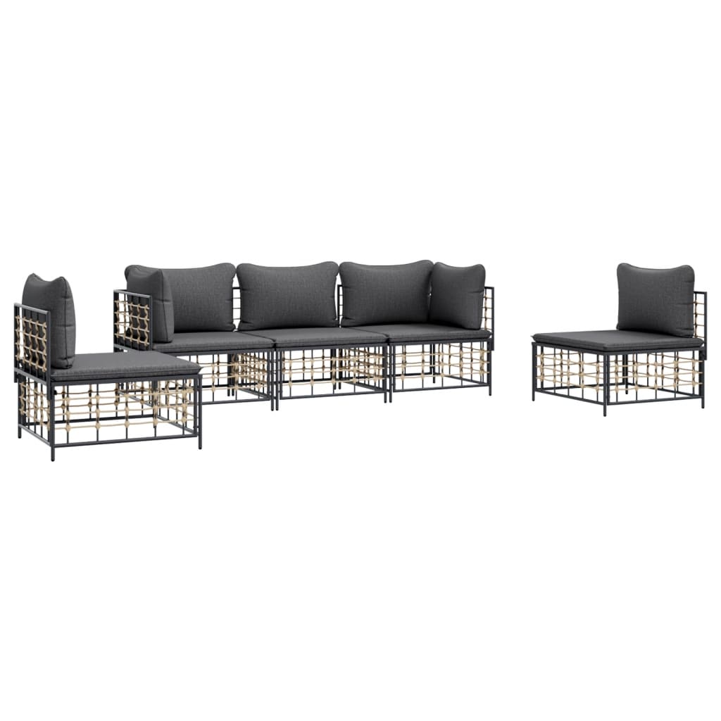 5 pcs conjunto lounge de jardim c/ almofadões vime PE antracite - Image 2