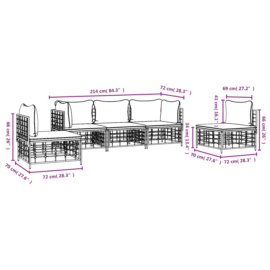 5 pcs conjunto lounge de jardim c/ almofadões vime PE antracite - Image 7