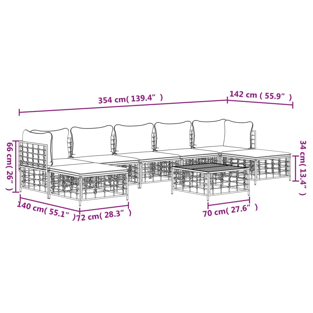 8 pcs conjunto lounge de jardim c/ almofadões vime PE antracite - Image 9